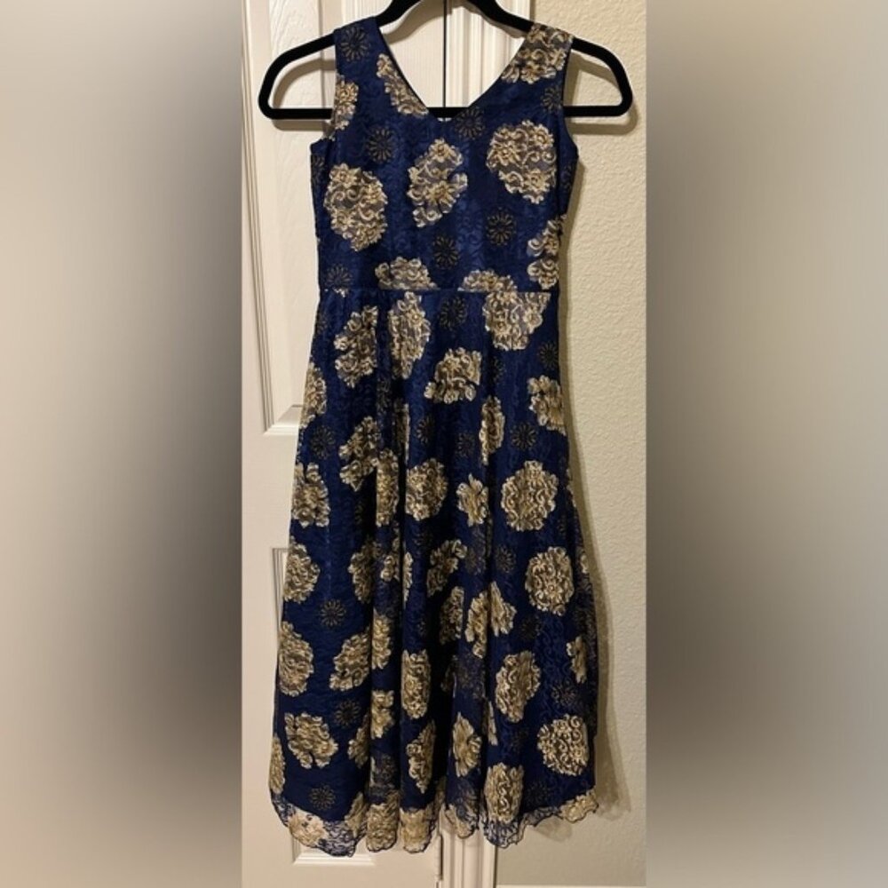 Girls blue and gold lace sleeveless maxi dress - excellent condition size L